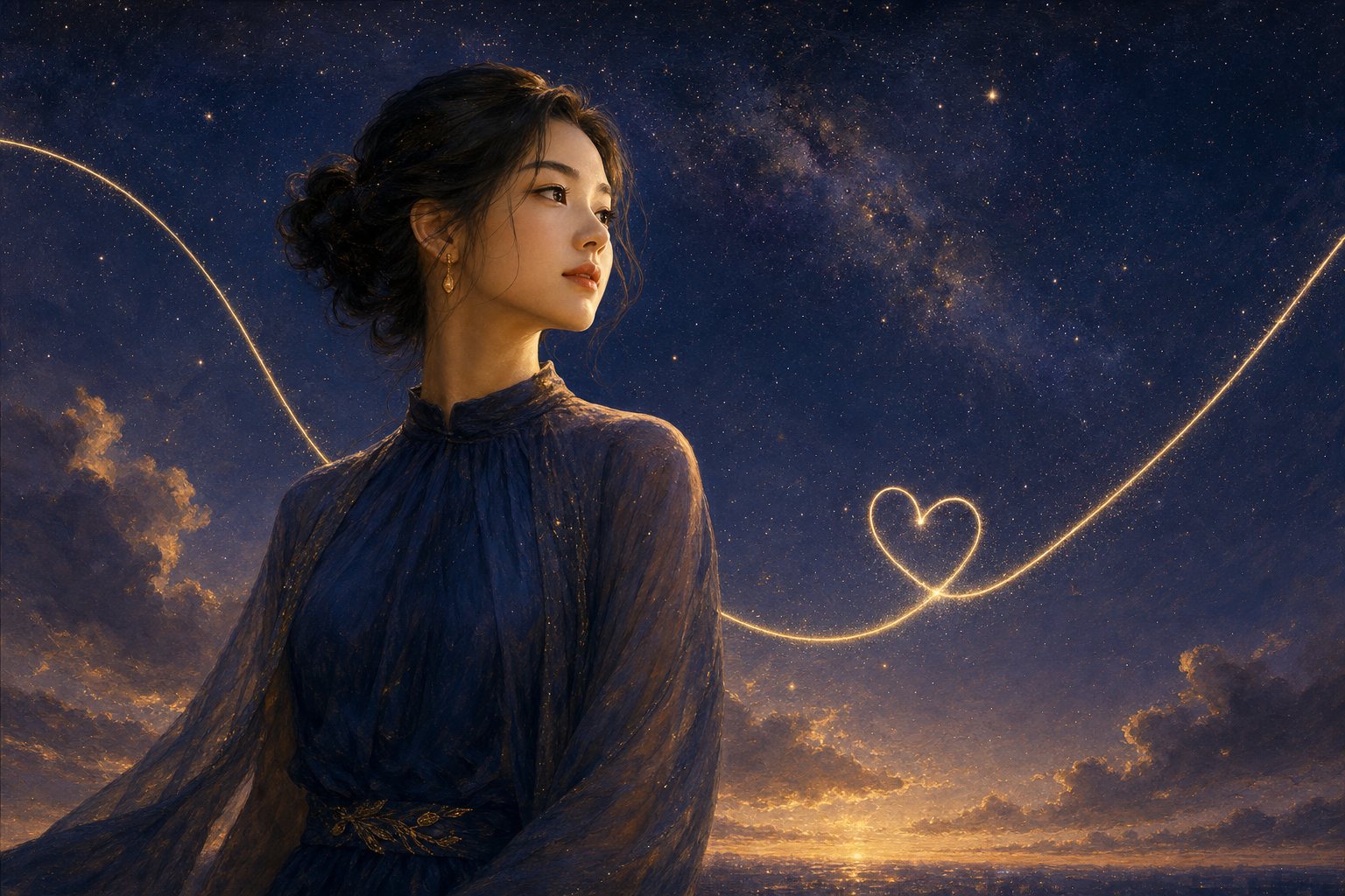 深蓝夜空下一条金色曲线绕成心形、由星点与函数曲线交织而成的抽象示意(AI 生成)