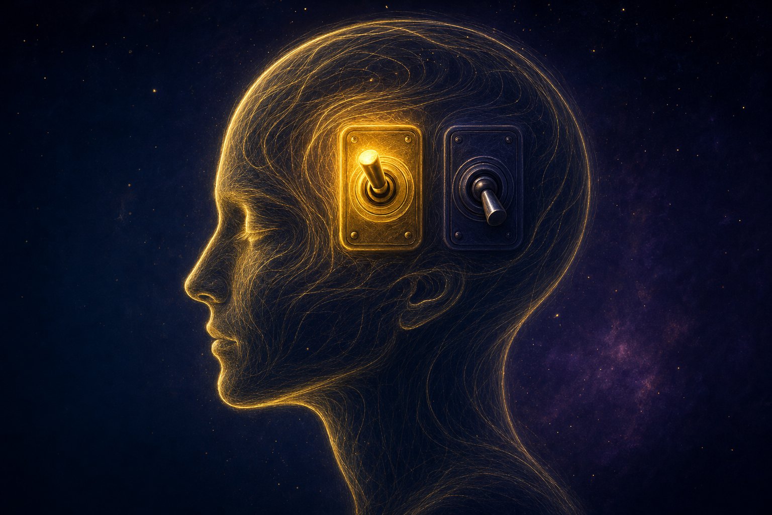 一个大脑形状里两个方向相反的开关,一边亮一边暗的抽象示意(AI 生成)
